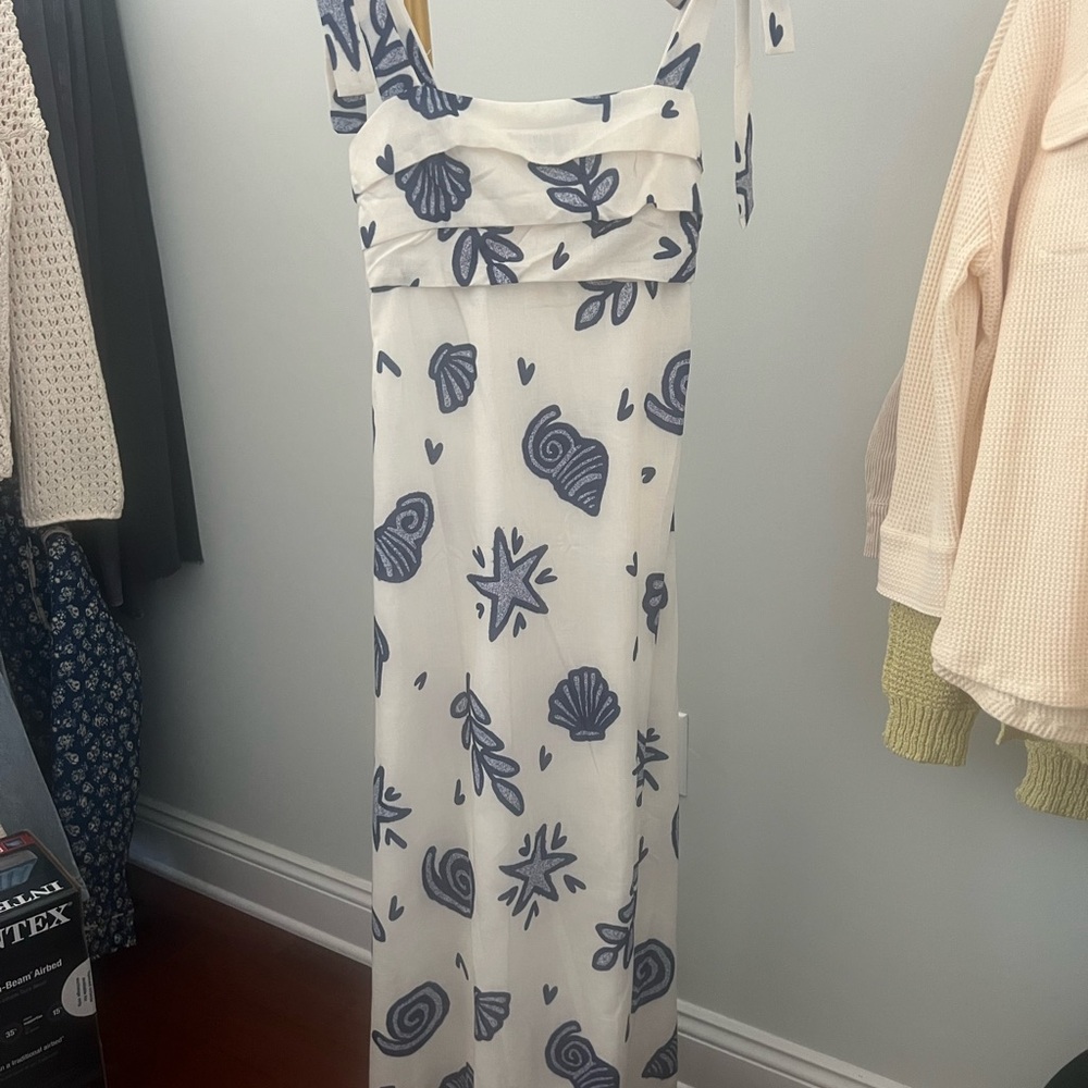 White and Blue One Shoulder Maxi Sundress